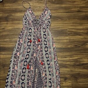 Angie Navy and Pink Printed Spaghetti-Strap Jumpsuit